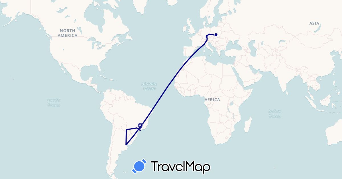 TravelMap itinerary: driving in Argentina, Austria, Brazil, Czech Republic, Germany, Italy, Poland, Paraguay (Europe, South America)